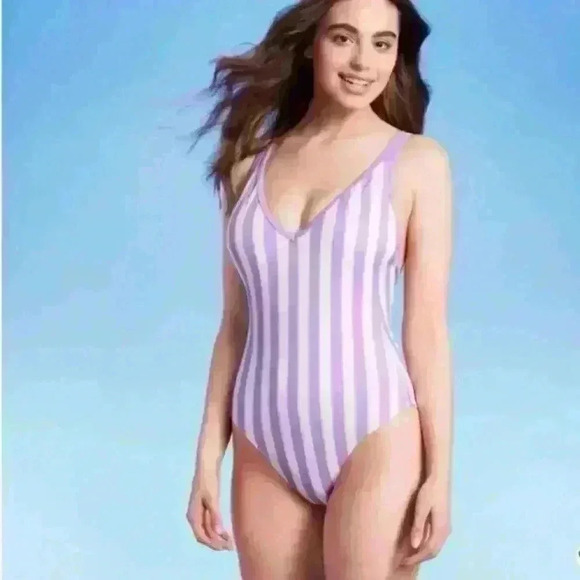Kona Sol Purple Stripe V Neck Low Back High Leg One Piece Swimsuit Size L - Picture 9 of 9